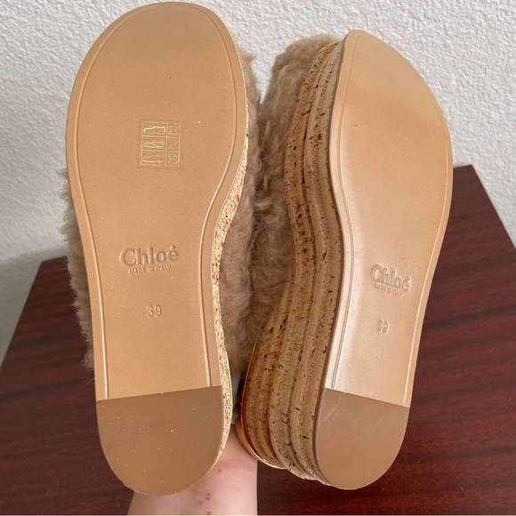 NWOT Chloe Camille Wedge Mules Fur Cork Leather Beige Sandals Shoes - Picture 13 of 13
